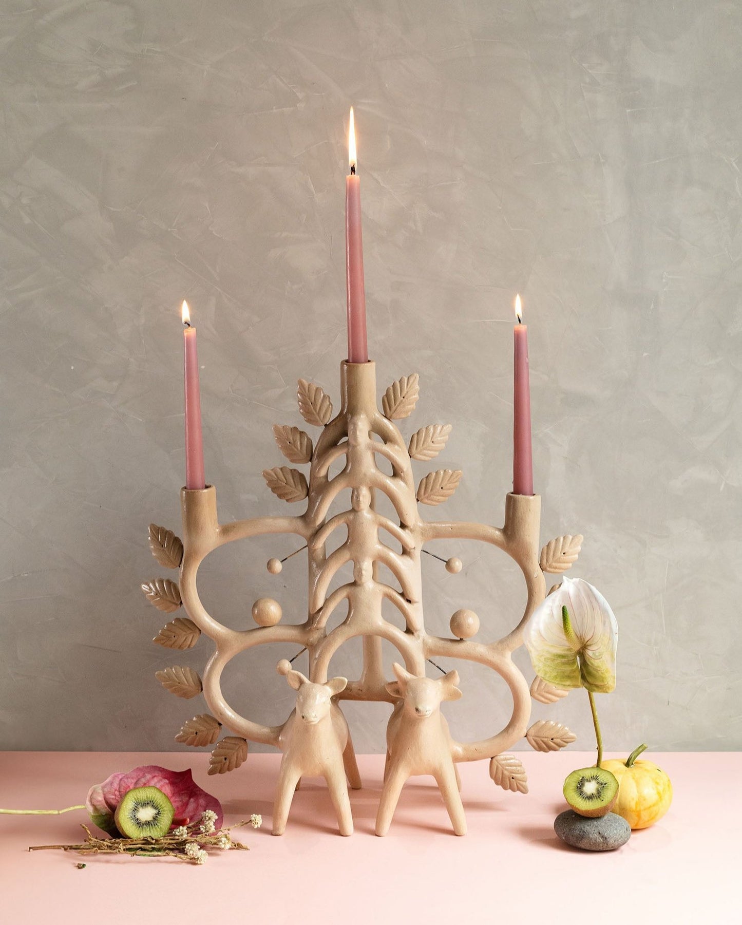 White Pearl Candle Holder in Burnished Clay