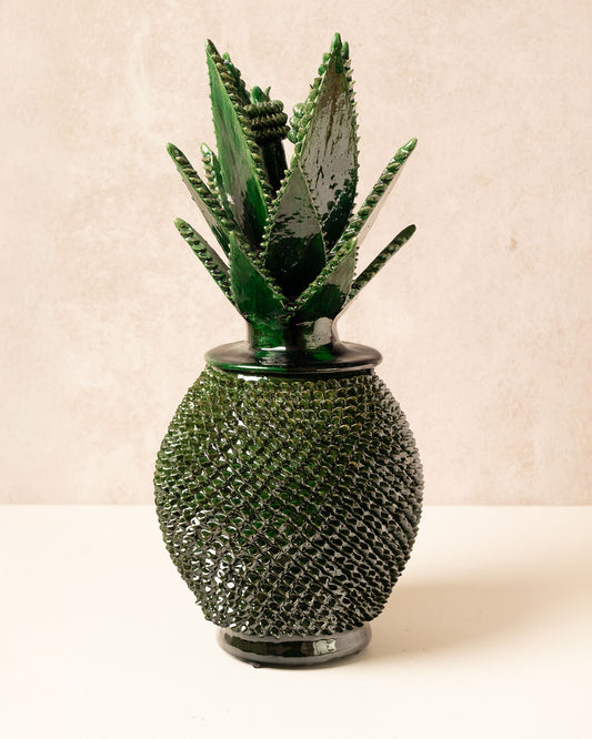 Green enameled pineapple "pinch" design with agave leaves