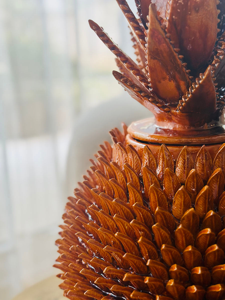 Yellow enameled Pineapple with leaflets design and agave leaves