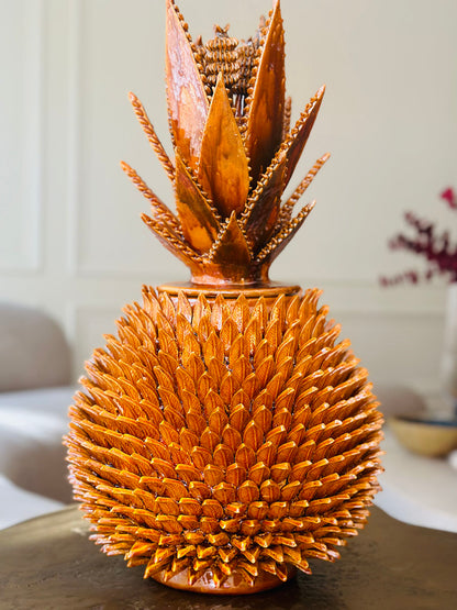 Yellow enameled Pineapple with leaflets design and agave leaves