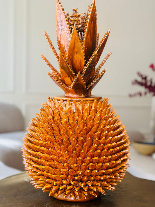 Yellow enameled Pineapple with leaflets design and agave leaves