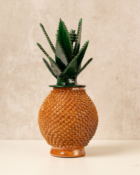 Yellow enameled pineapple "pinch" design with agave green leaves