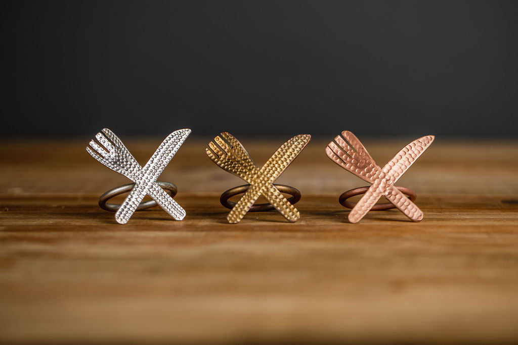 Servilleteros de Cobre Martillado con baño de plata Diseño de cubiertos