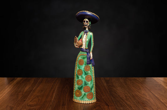 Catrina Charro with green dress made with clay ceramic